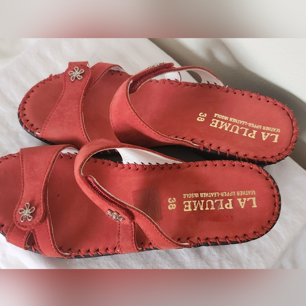 La Plume Charese Double Straps Red Nubuck Leather Sandals Made in Italy Size 38 - Picture 13 of 15